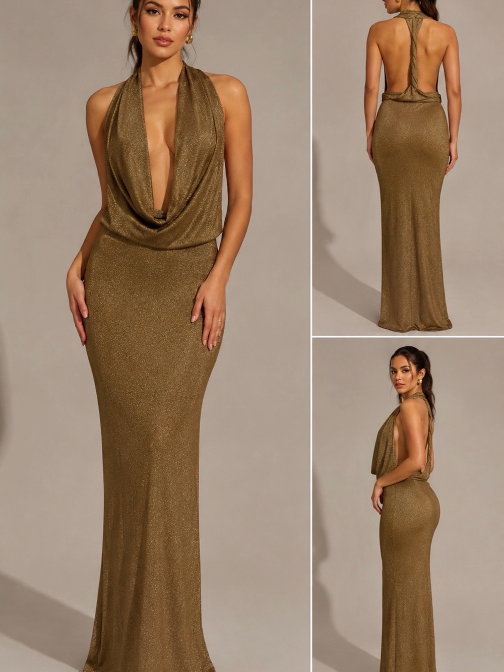 Belita Collection Gold Metallic Cowl Neck Open Back Maxi Dress – L